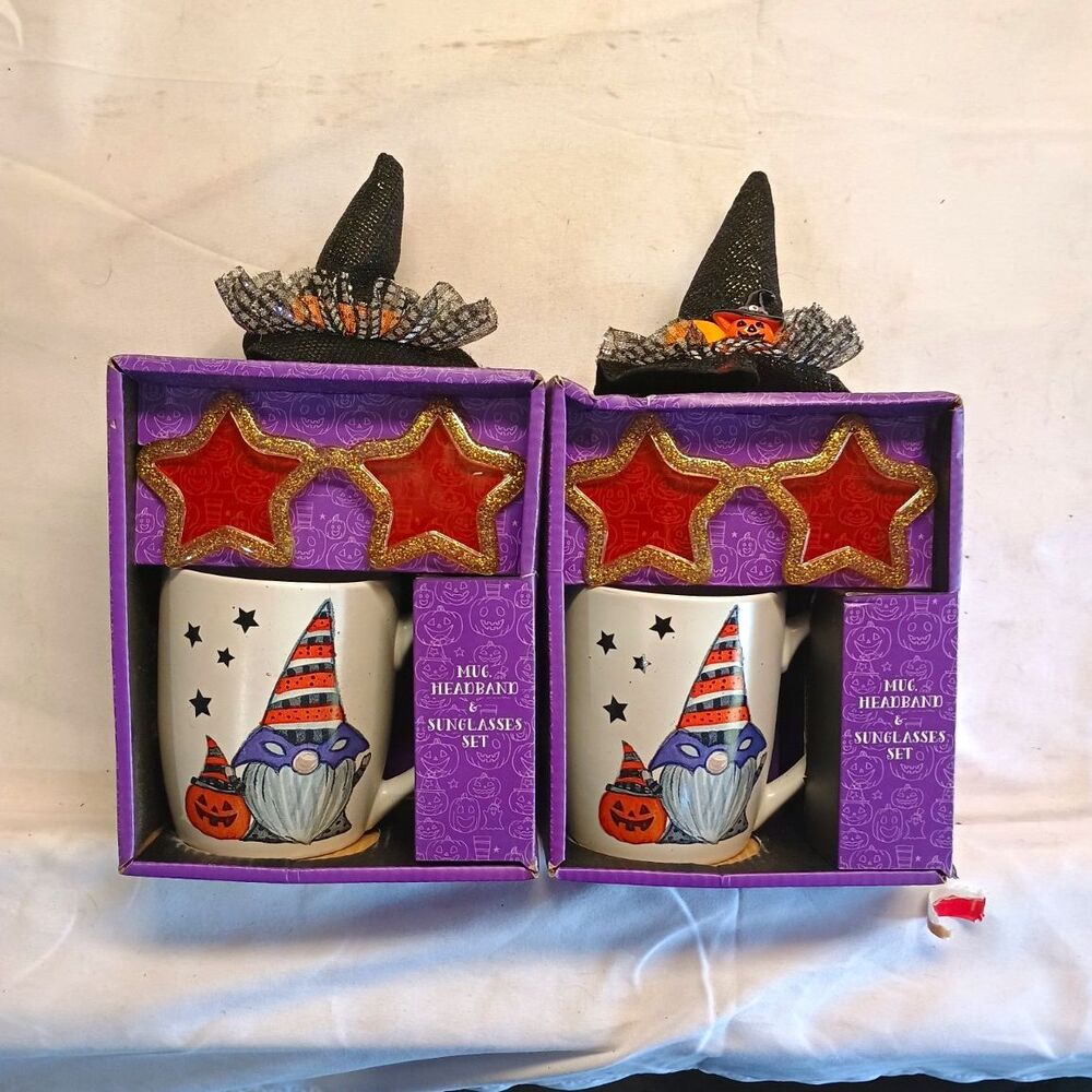 Halloween Gnome Mug Witch Hat Headband Star Sunglasses Gift Set Lot of 2